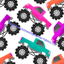 Load image into Gallery viewer, Monster Trucks from It's Just Peachy - 2 variations and checkered flag - Order by half yard - See below for instructions on ordering and base fabrics