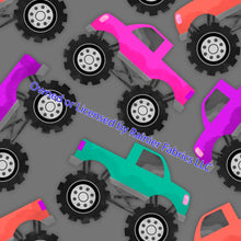 Load image into Gallery viewer, Monster Trucks from It's Just Peachy - 2 variations and checkered flag - Order by half yard - See below for instructions on ordering and base fabrics