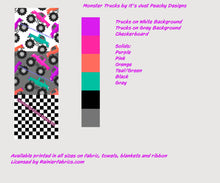 Load image into Gallery viewer, Monster Trucks from It's Just Peachy - 2 variations and checkered flag - Order by half yard - See below for instructions on ordering and base fabrics