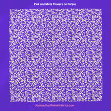 Load image into Gallery viewer, Pink and Purple Flowers on Lavender or Purple- 2-5 day turnaround - Order by 1/2 yard; Description of bases below