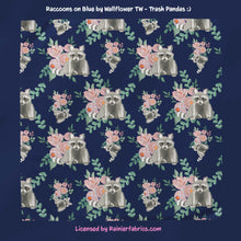 Load image into Gallery viewer, Raccoons on Pink or Blue - Trash Pandas! - 2-5 day turnaround - Order by 1/2 yard; Description of bases below