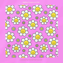Load image into Gallery viewer, Smiley flowers on Blue or Pink - 2-5 day turnaround - Order by 1/2 yard; Description of bases below