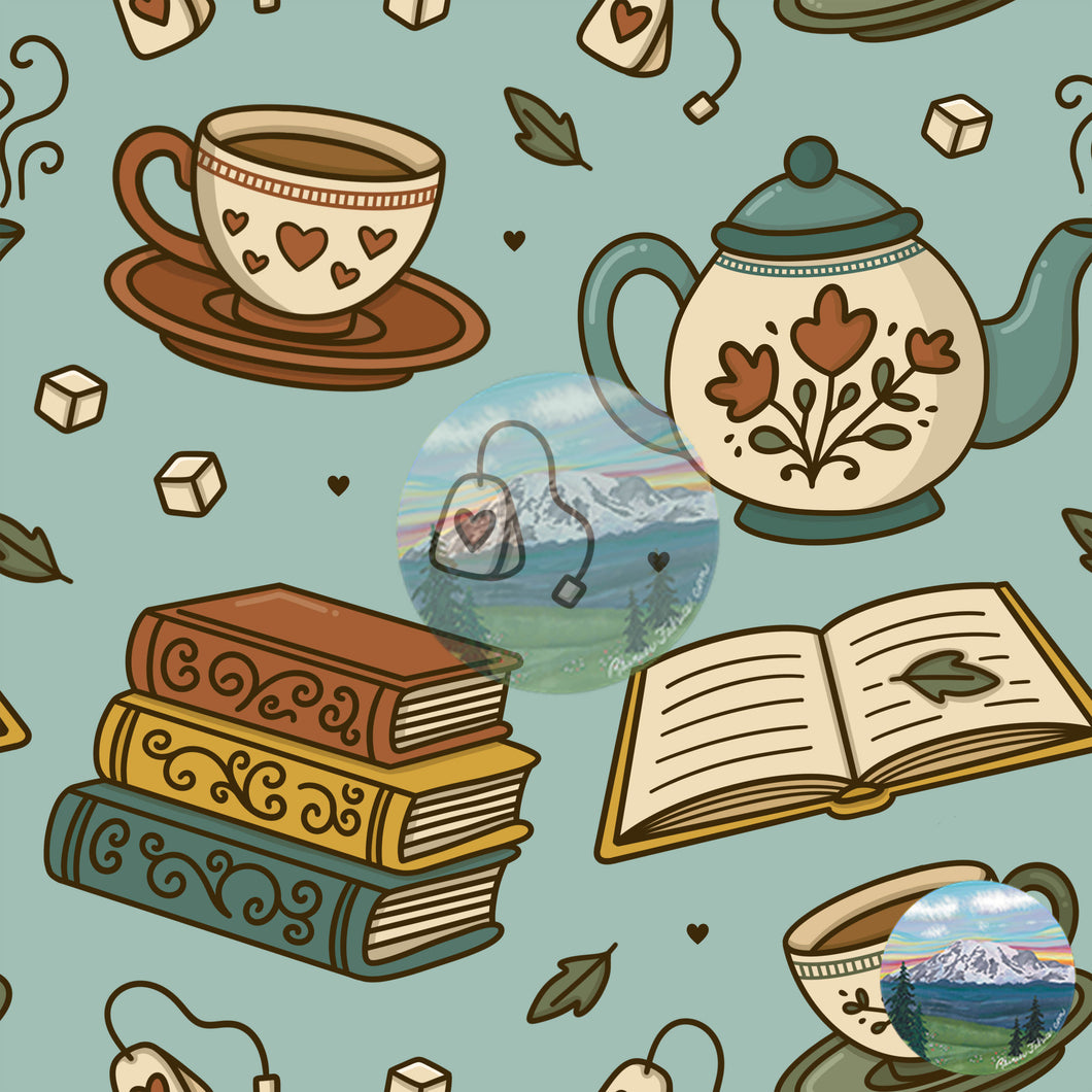 Books and Tea Collection - Hand drawn by Savannah Heil - limited - please order by 1/2 yard