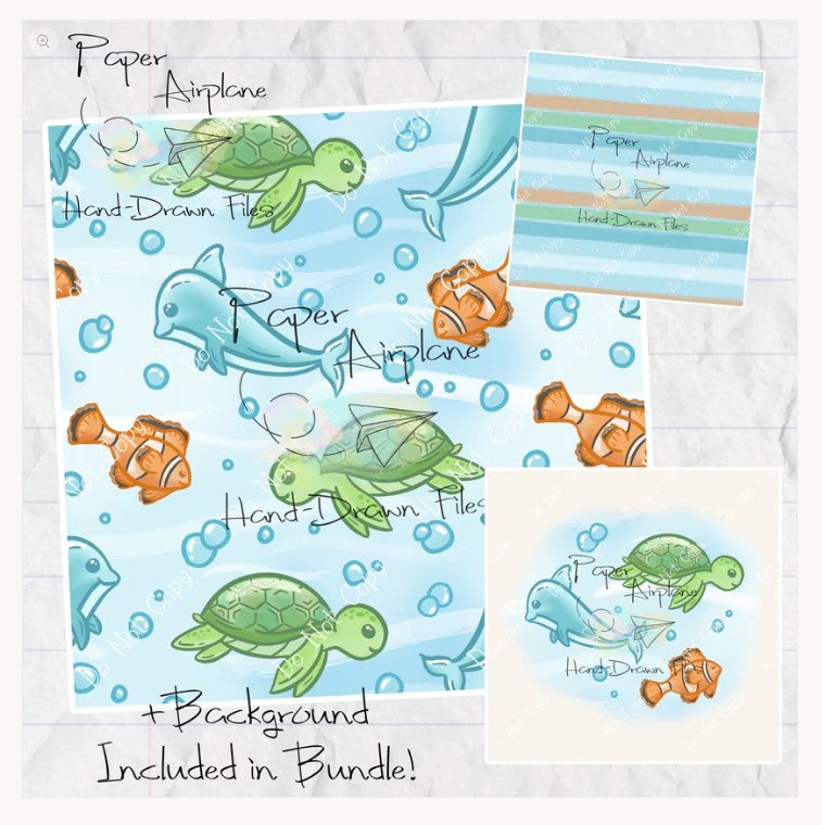 Sea Animals in Blue handdrawn by Paper Airplane - 2-5 business days to ship - Order by 1/2 yard