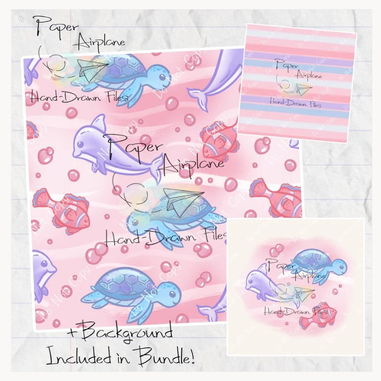 Sea Animals in Pink handdrawn by Paper Airplane - 2-5 business days to ship - Order by 1/2 yard