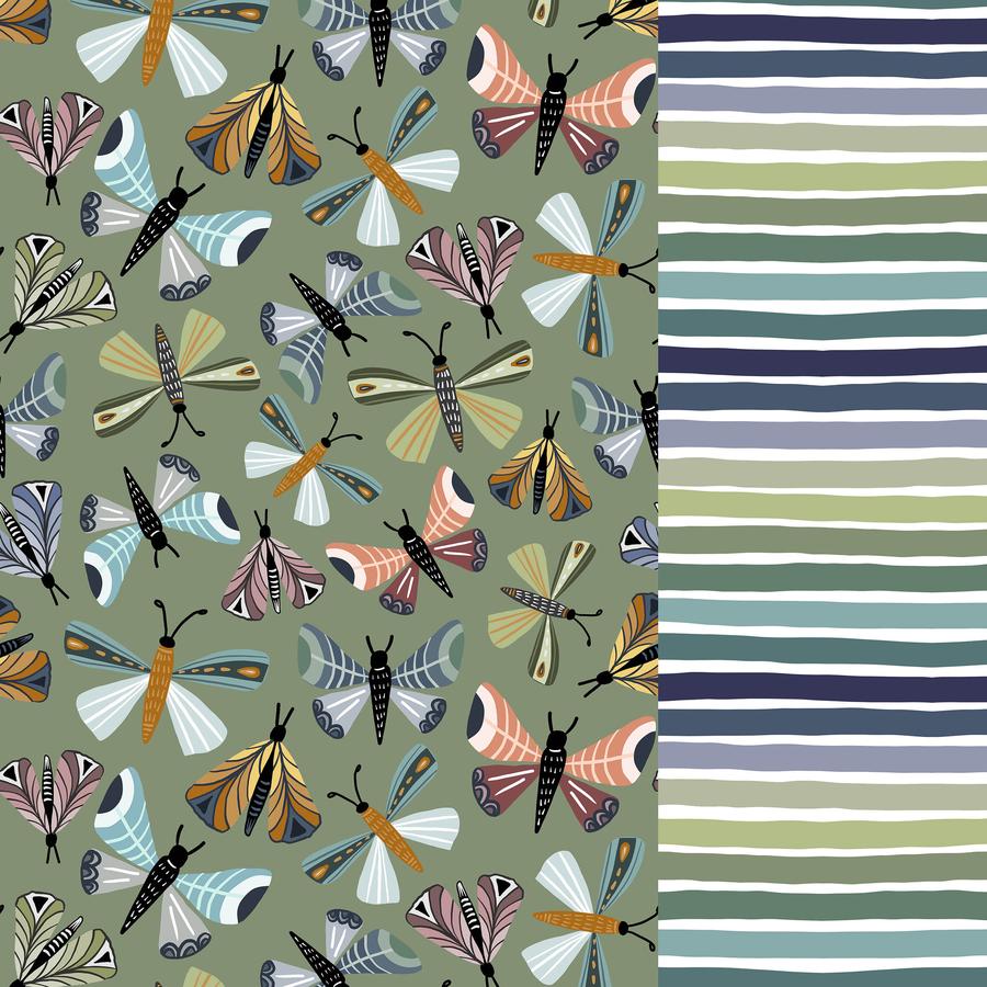 Moths and Stripes - Sage Popologie with Coordinating stripe  - 2-5 day turnaround - Order by 1/2 yard; Description of bases below