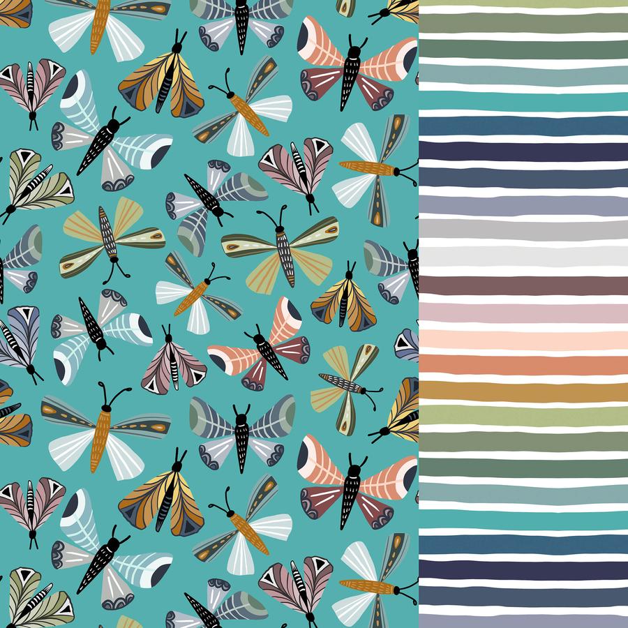 Moths and Stripes - Teal - Popologie with Coordinating stripe  - 2-5 day turnaround - Order by 1/2 yard; Description of bases below