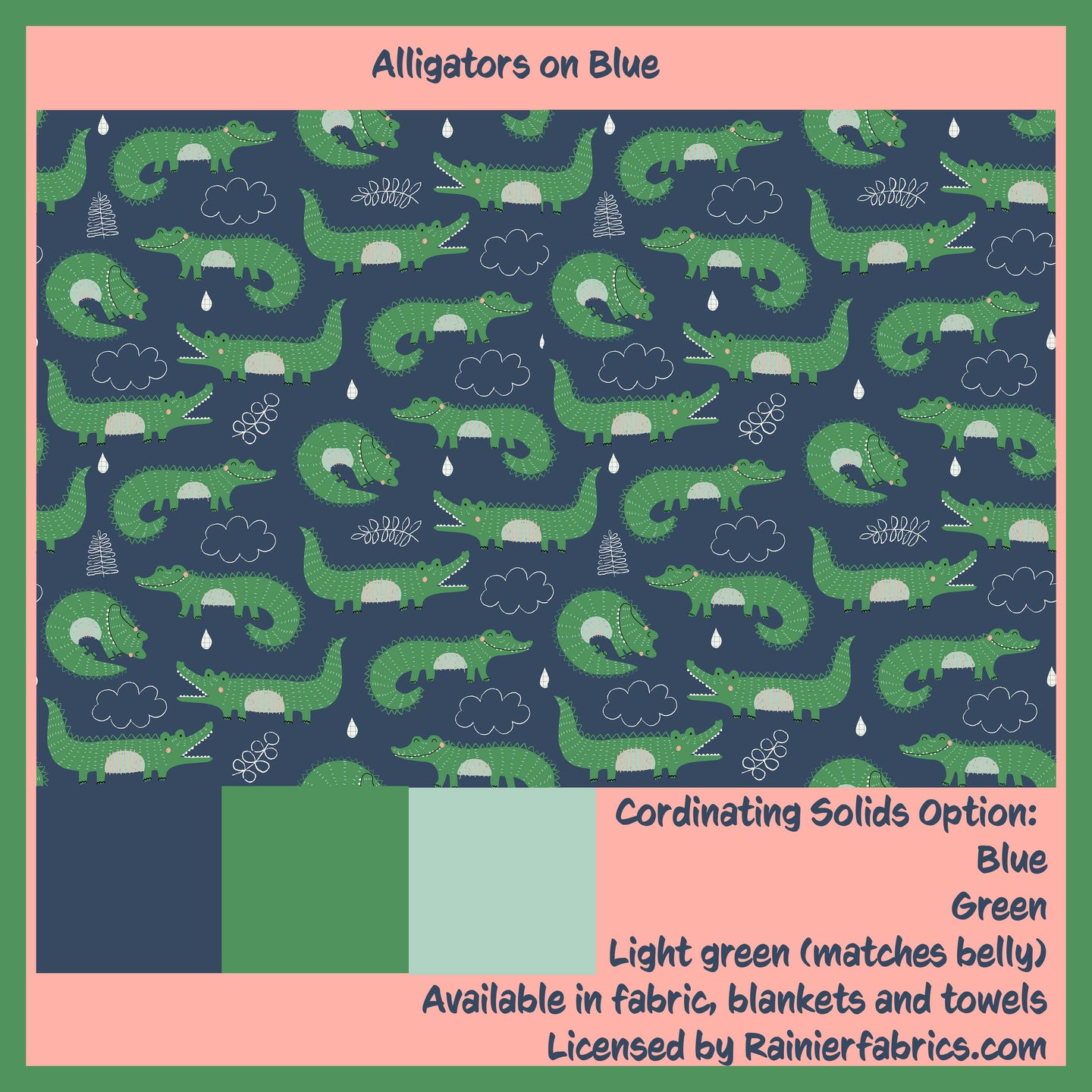 Alligators on Blue - 2-5 day turnaround - Order by 1/2 yard; Description of bases below