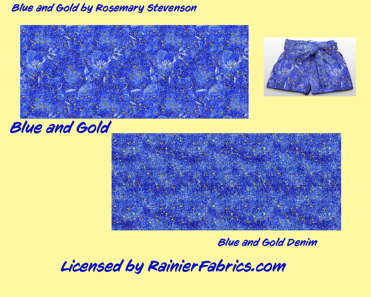 Blue and Gold from Rosemary Stevenson  - 2-5 day turnaround - Order by 1/2 yard; Description of bases below