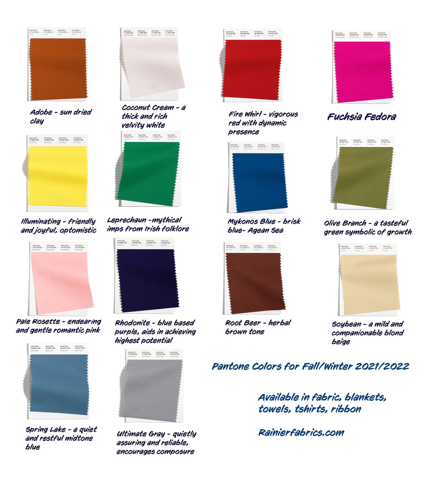 Pantone Colors for Fall/Winter 2021/2022 Solids - 2-5 day turnaround - Order by 1/2 yard; Description of bases below