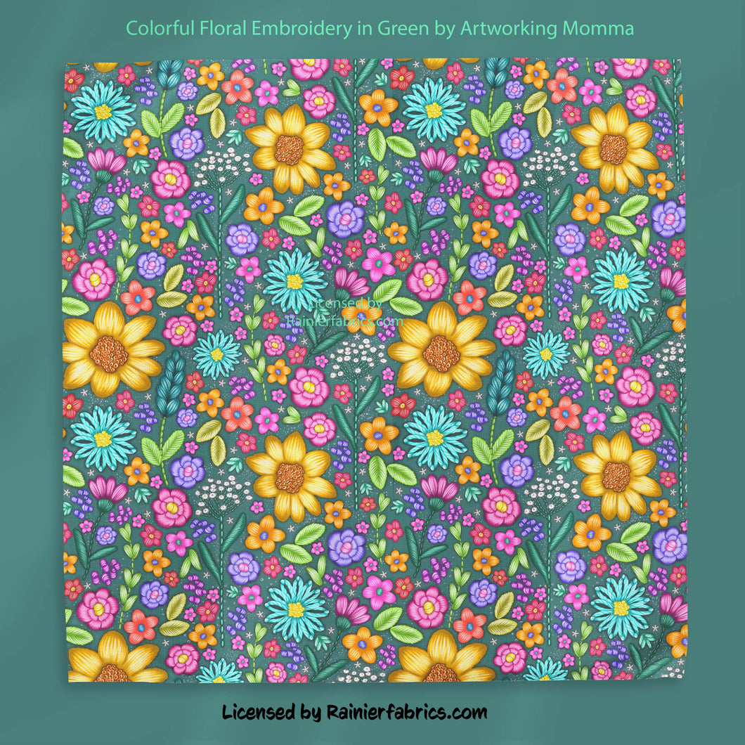 Colorful Embroidery in Green and Pink by Art working Momma - 2-5 business days to ship - Order by 1/2 yard