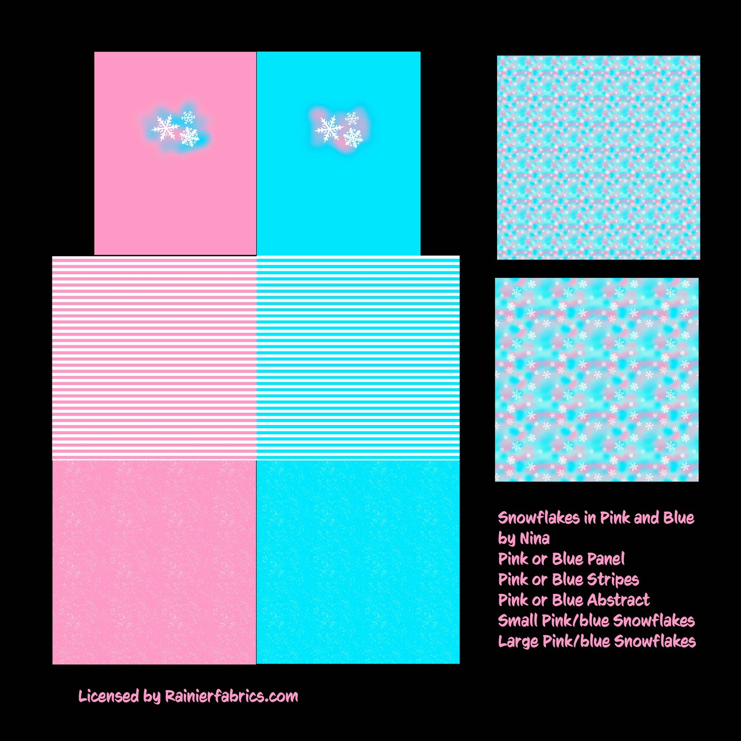 Snowflakes in Pink and Blue - from Nina  - 2-5 day turnaround - Order by 1/2 yard; Description of bases below