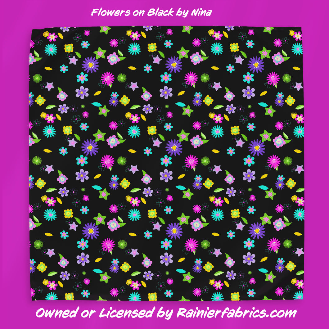 Flowers on Black and Cream by Nina - 2-5 day turnaround - Order by 1/2 yard; Description of bases below