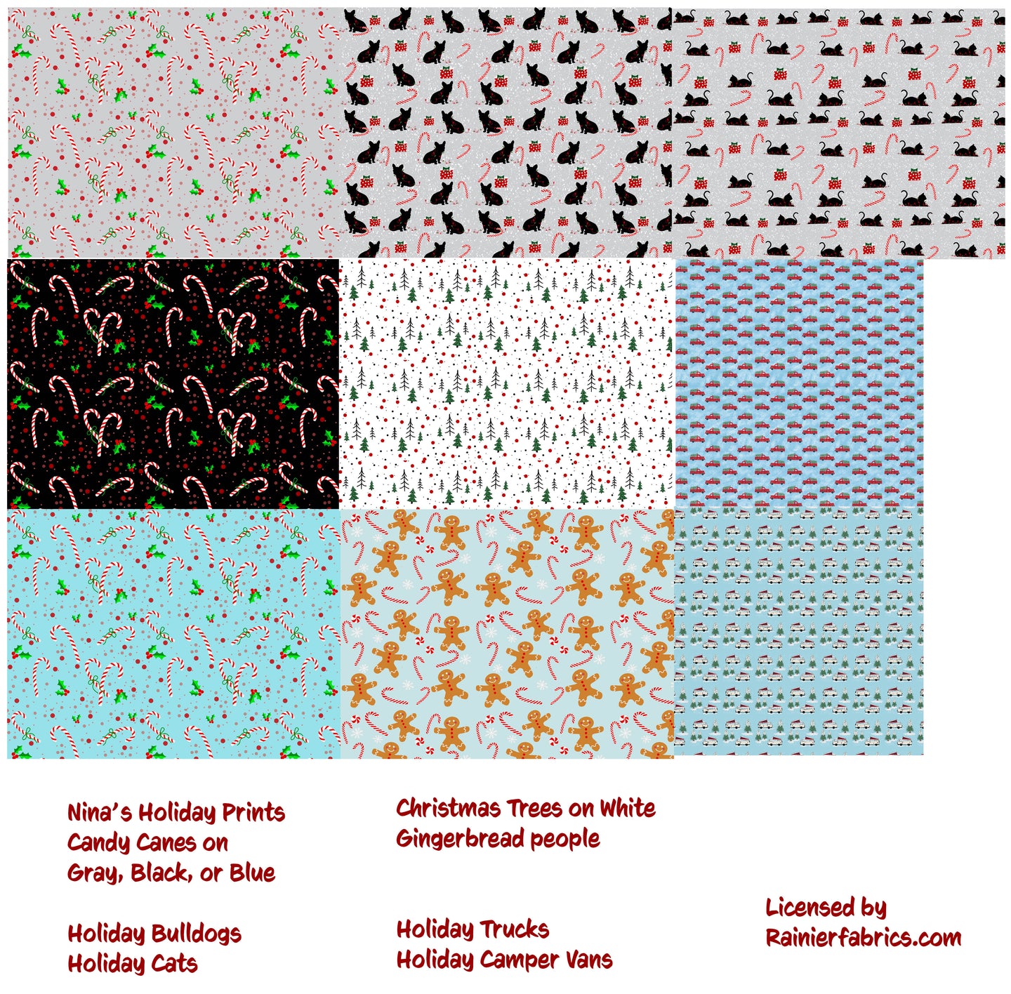 More Holiday and Christmas Prints - from Nina  - 2-5 day turnaround - Order by 1/2 yard; Description of bases below