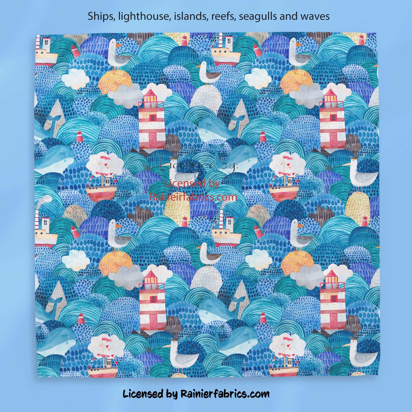 Ships, lighthouse, islands, reefs, seagulls and waves - 2-5 business days to ship - Order by 1/2 yard
