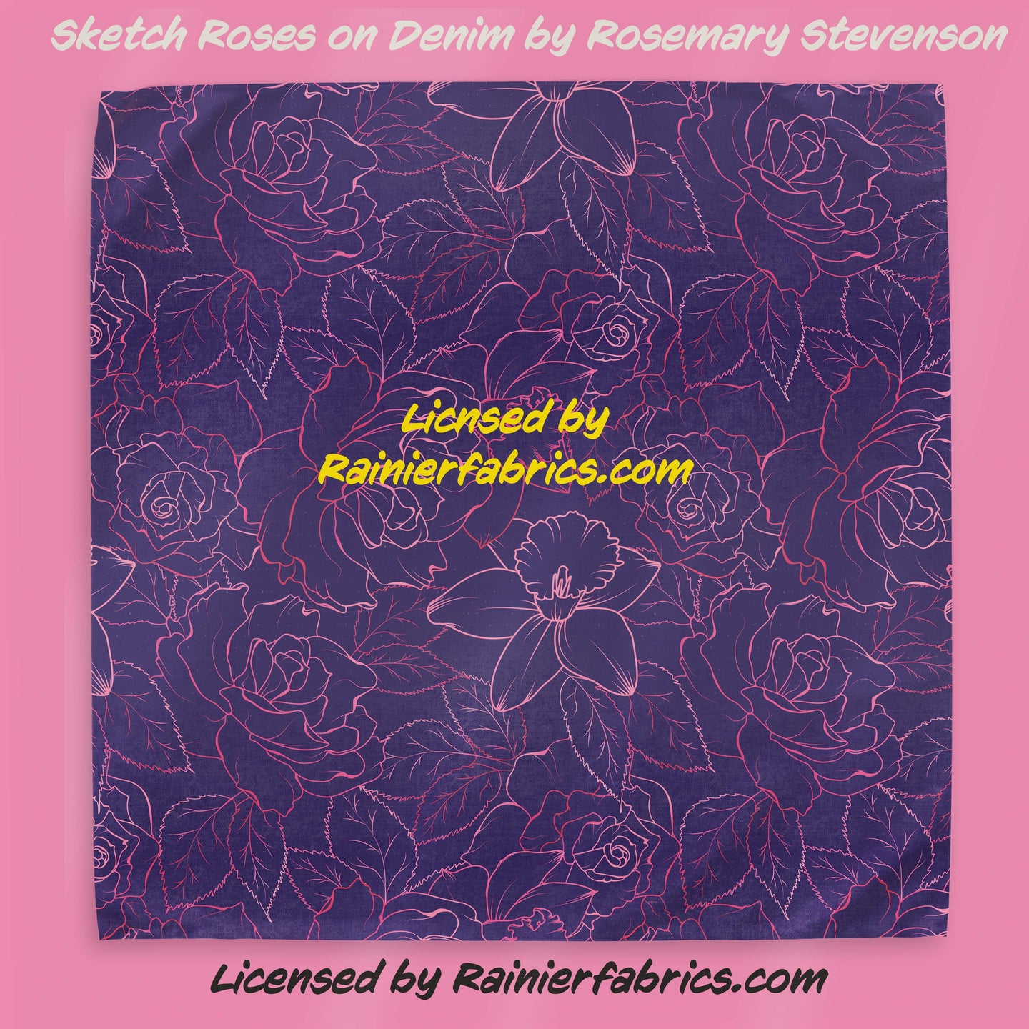 Sketch Roses on Denim by Rosemary Stevenson - TAT 2-5 Days (Turn around time) - Order by 1/2 yard; Description of bases below