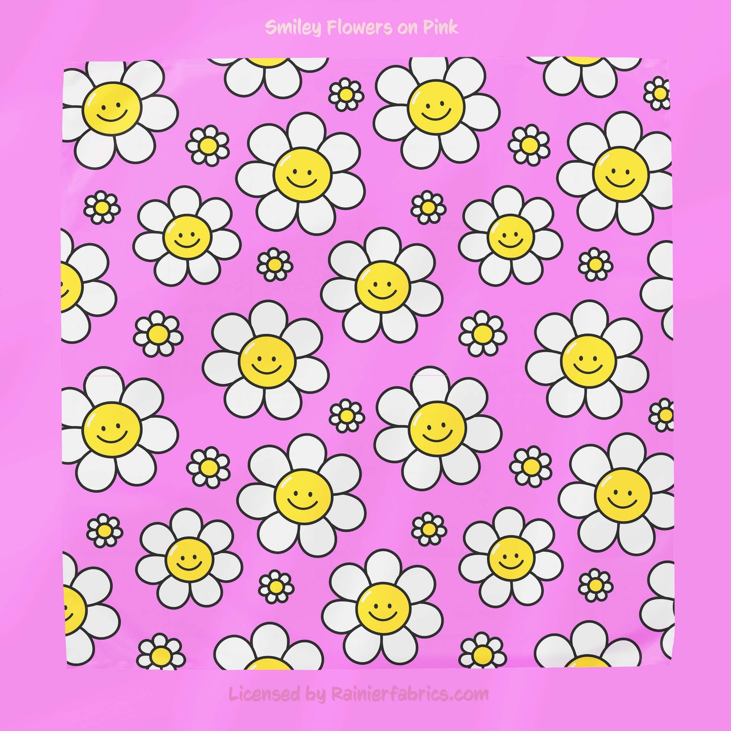 Smiley flowers on Blue or Pink - 2-5 day turnaround - Order by 1/2 yard; Description of bases below