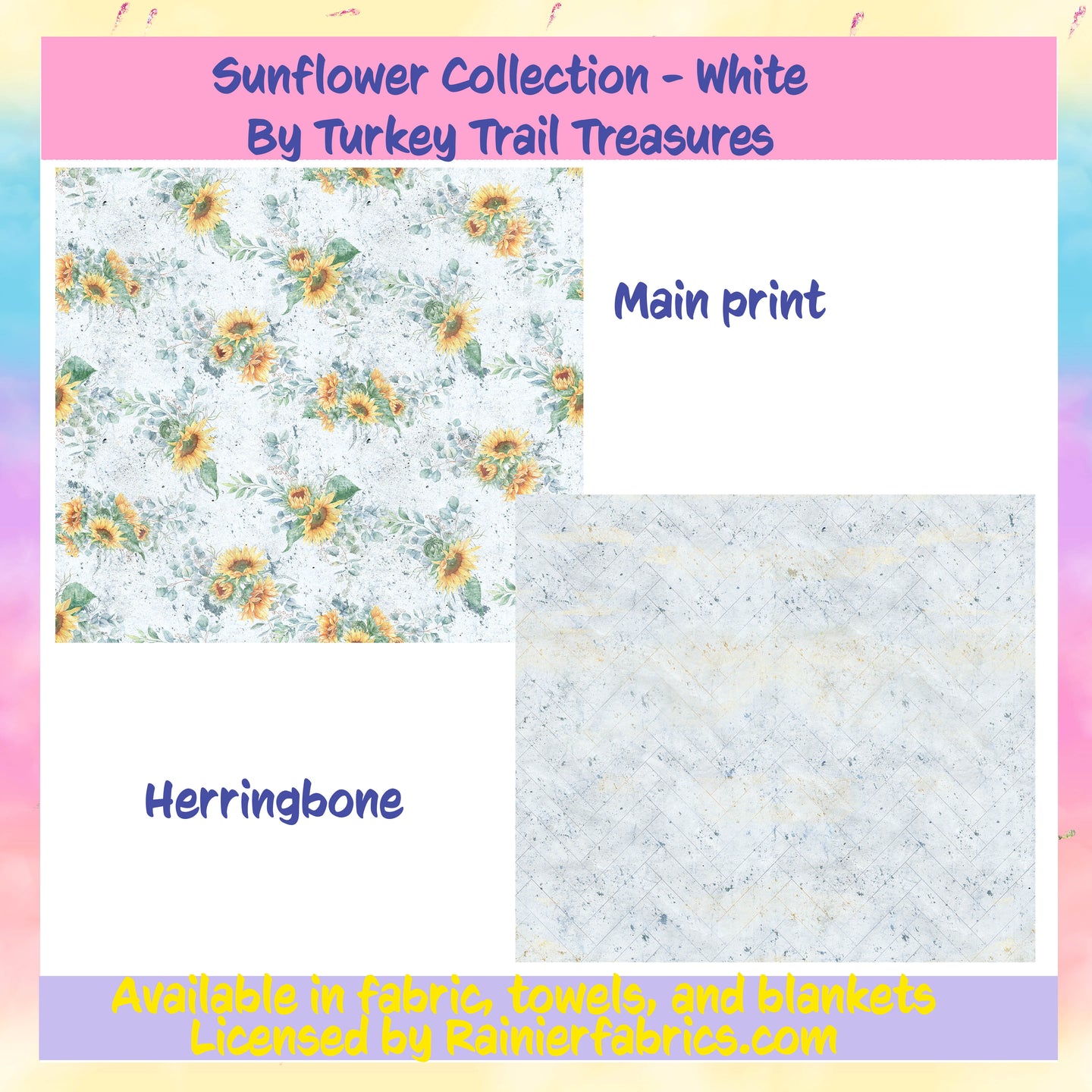 Sunflower White Collection - from Turkey Trail Treasures - 2-5 day turnaround - Order by 1/2 yard; Description of bases below