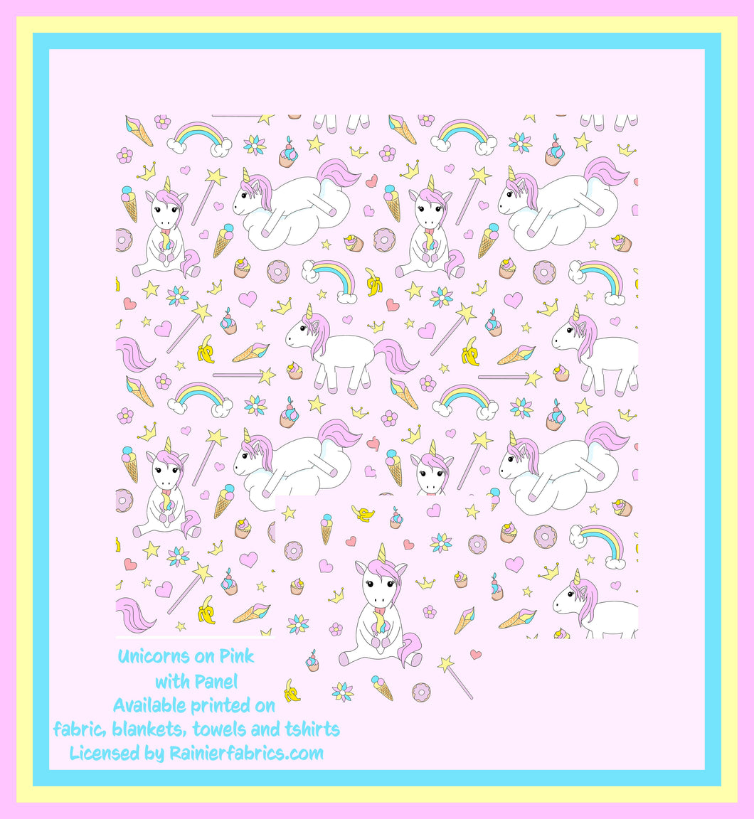 Unicorns on pink with panel - 2-5 day turnaround - Order by 1/2 yard; Description of bases below