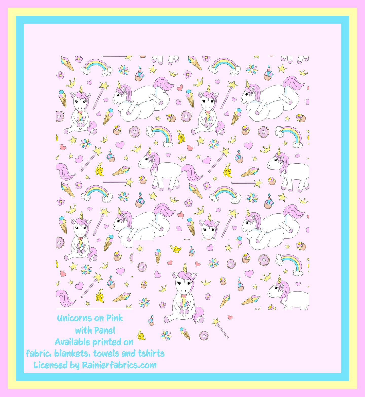 Unicorns on pink with panel - 2-5 day turnaround - Order by 1/2 yard; Description of bases below