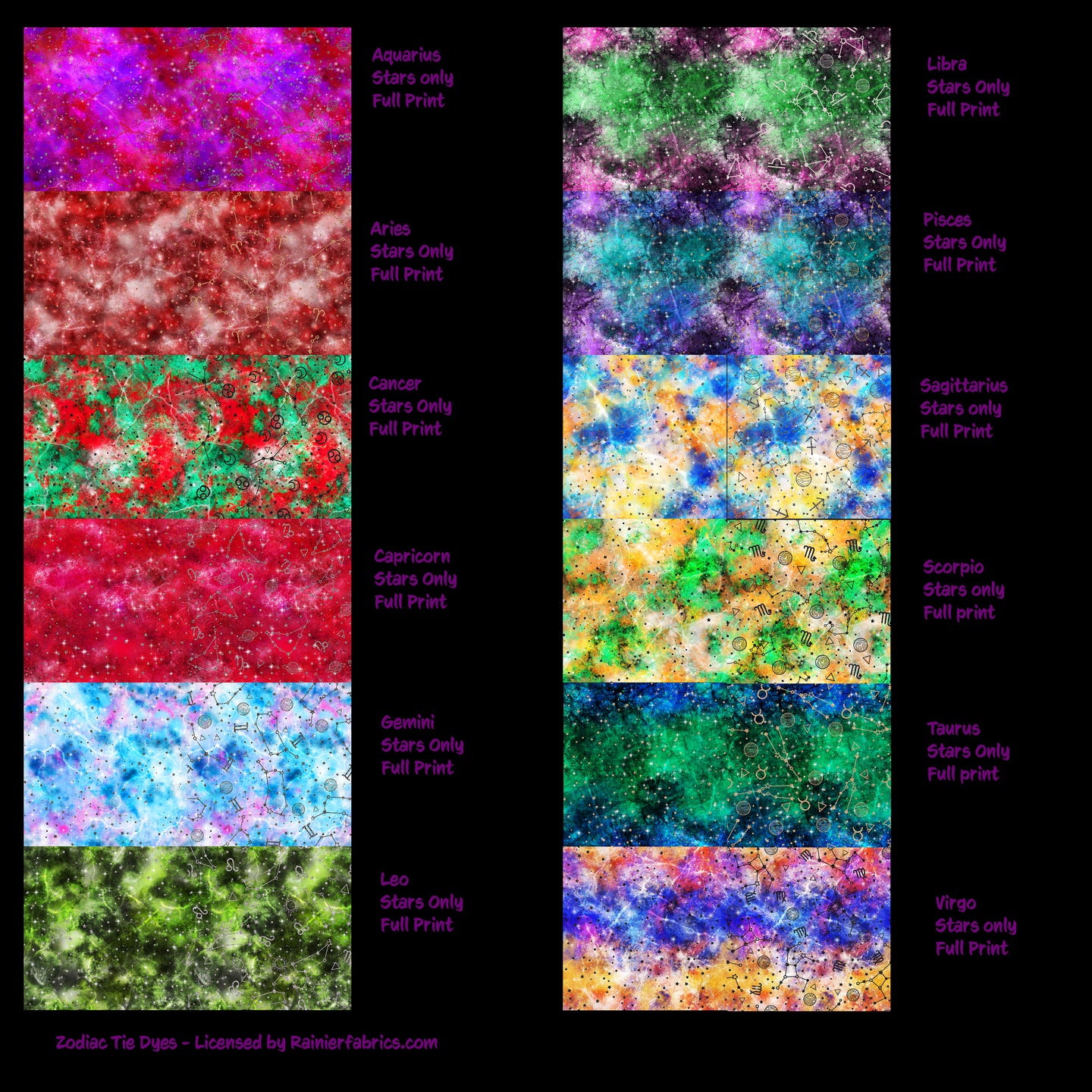 Zodiac Tie Dyes - 2-5 day turnaround - Order by 1/2 yard; Description of bases below